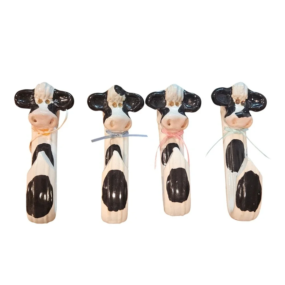 Vintage Farmhouse Ceramic Holstein Cow Wall Hooks Set of 4 Black White Glossy